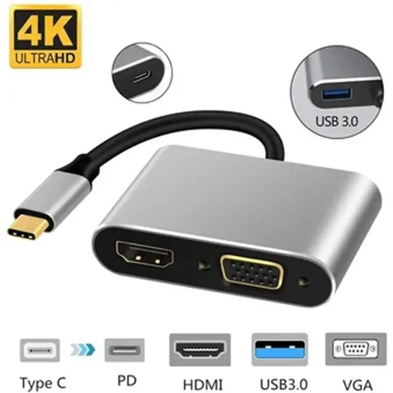 ADAPTADOR HUB TIPO C 5 EN 1 HDMI 4K + VGA + USB + PUERTO CARGA TIPO C
