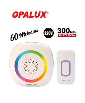 [SEGOPA01647] TIMBRE INALÁMBRICO CON LUZ RGB (PILA-PILA) OPALUX 60 MELODÍAS PULSADOR PILA 2032, RECEPTA 3 PILAS AAA