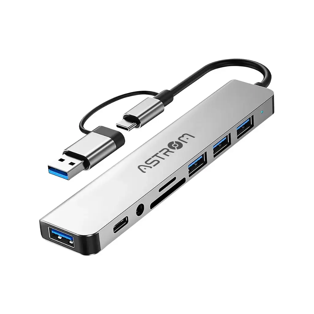 HUB USB 8 EN 1 ASTROM AST MH2381 1PORT TYPE-C 1PORT 3.0 4PORTS 2.0 SD+mSD 3.5mm JACK