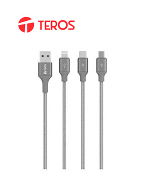 [TE-70210W] Cable USB Teros TE-70210W TIPO A - TIPO C/LIGHTNING/MICRO USB 3.5A 17.5W Max Gris